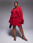 ASOS DESIGN Curve slouchy hip godet mini dress with ruffle sleeve in cherry red