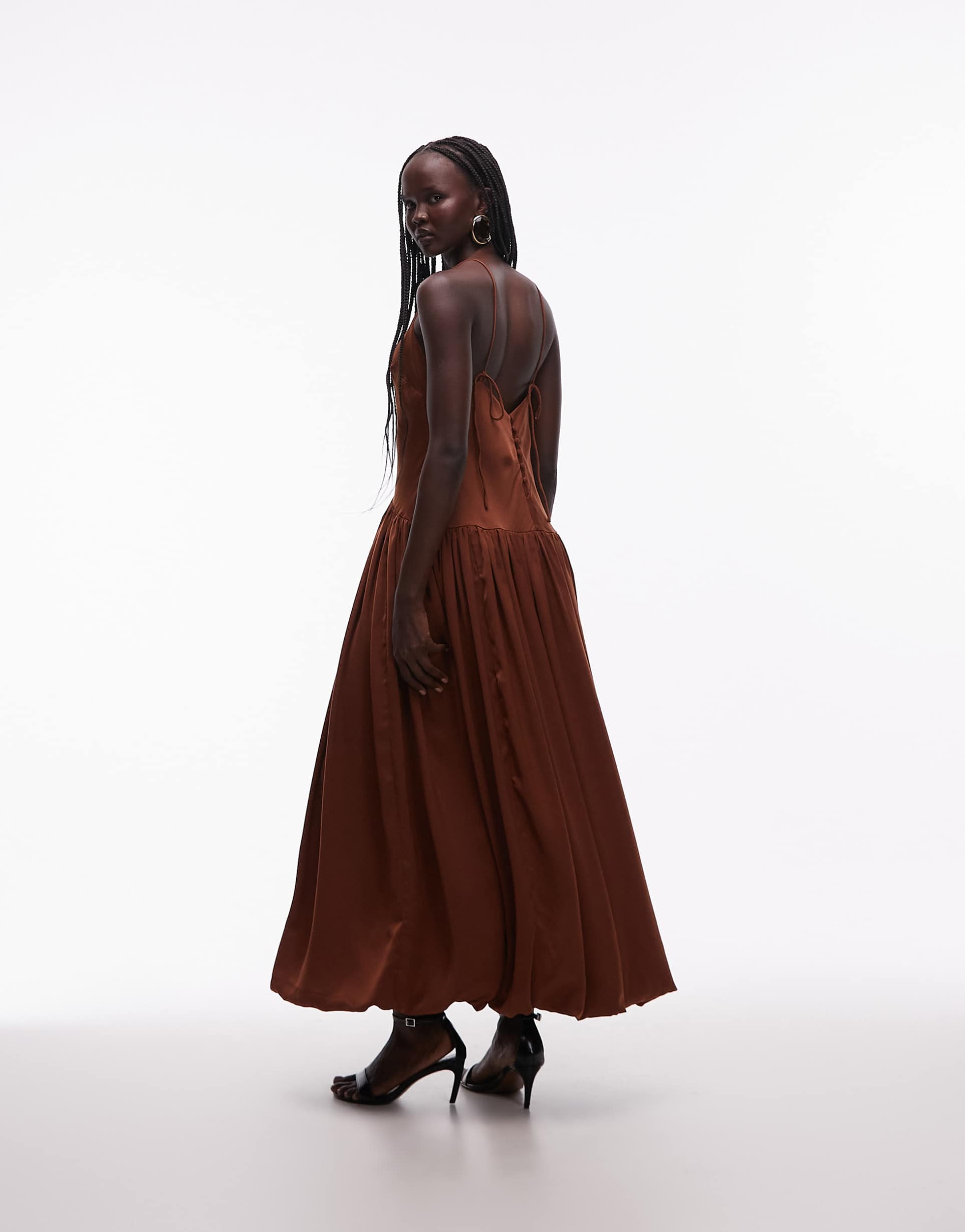 ASOS DESIGN bias cut midaxi dress with bubble skirt in chocolate