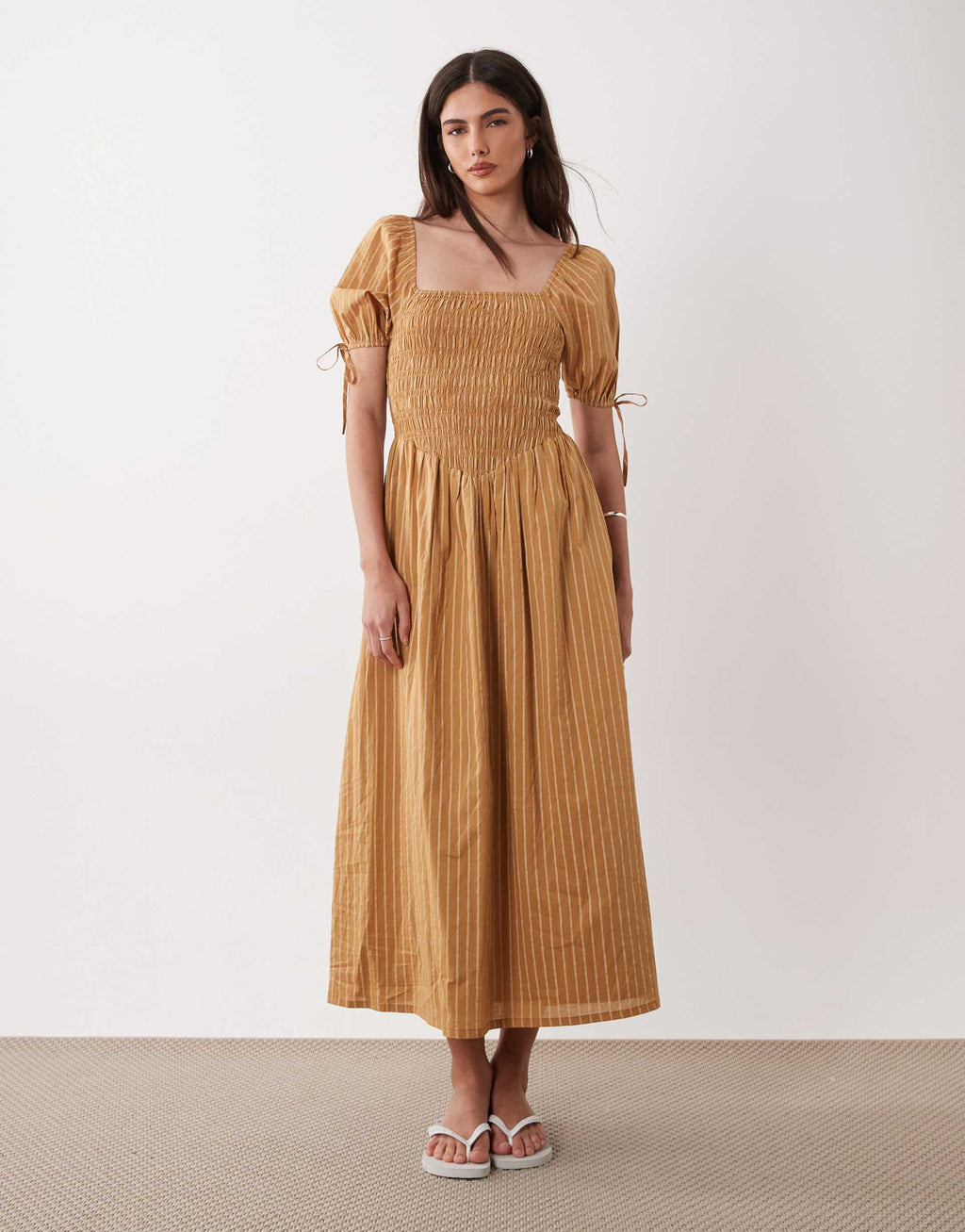 Wednesdays Girl shirred balloon sleeves midaxi dress in chartreuse stripe