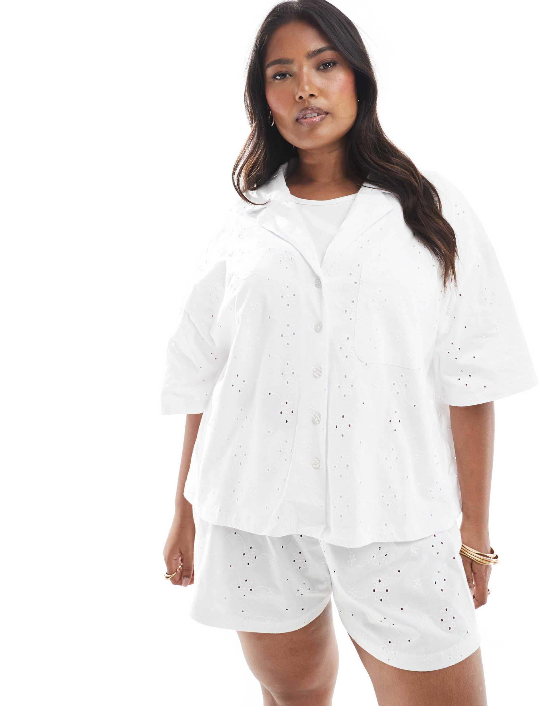 ASOS DESIGN curve broderie resort shirt co-ord in white