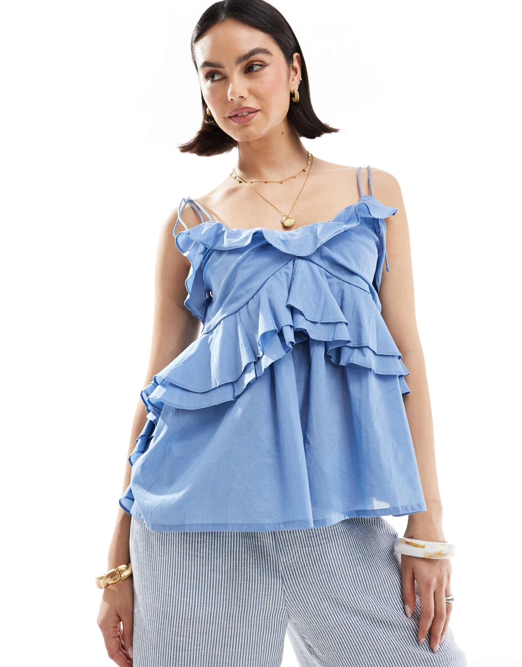 ASOS DESIGN ruffle cami top with tie straps in blue