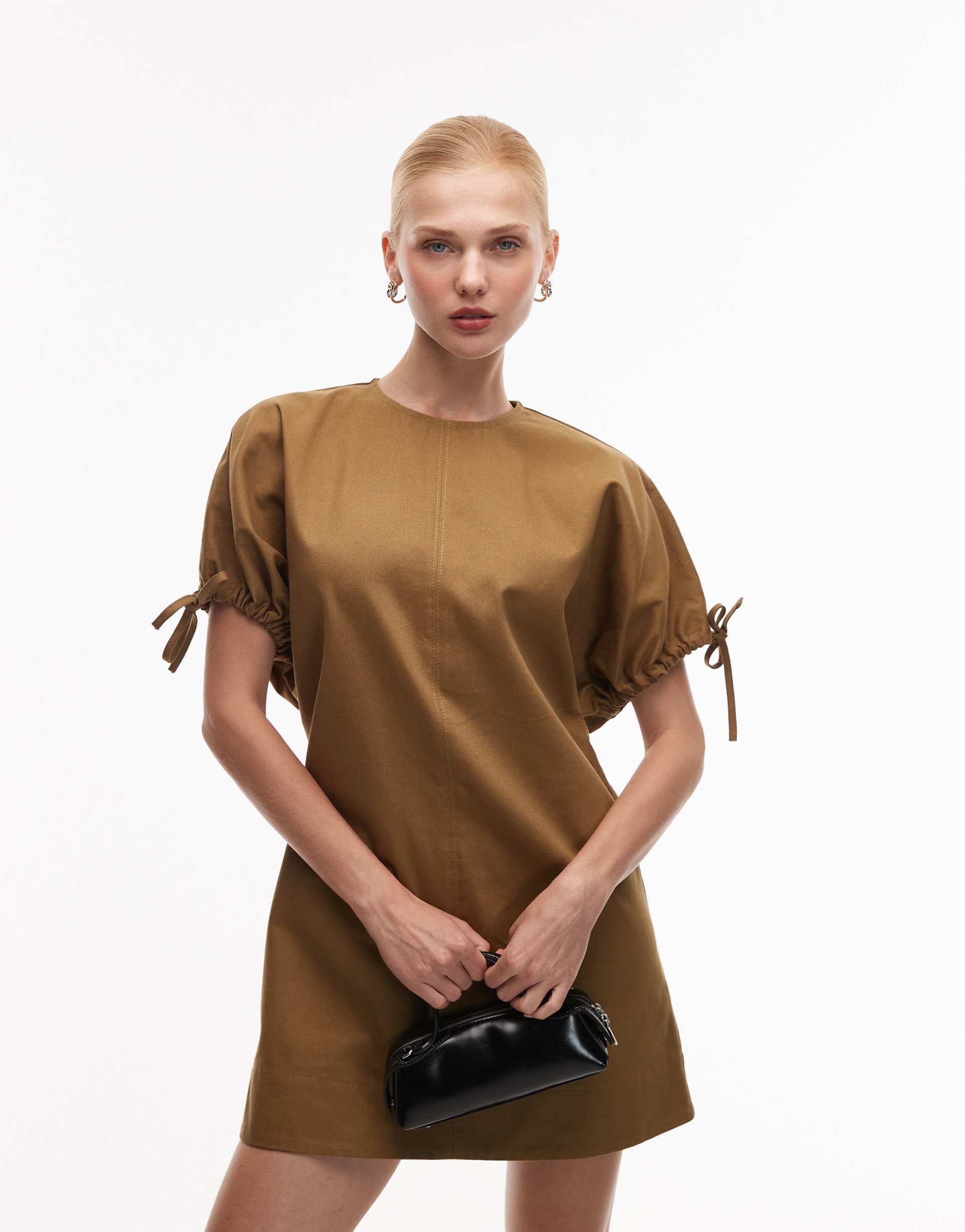 ASOS DESIGN crew neck mini dress with tie sleeve detail in olive