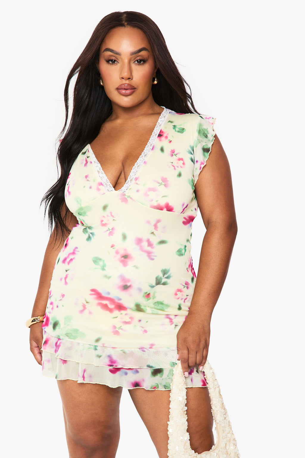 Plus Floral Mesh Drop Hem Mini Dress