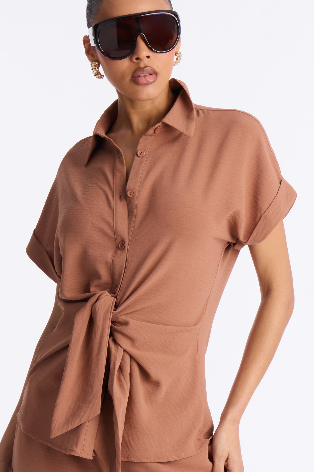 Makela Tie Front Wide Leg Pant Set - Mocha