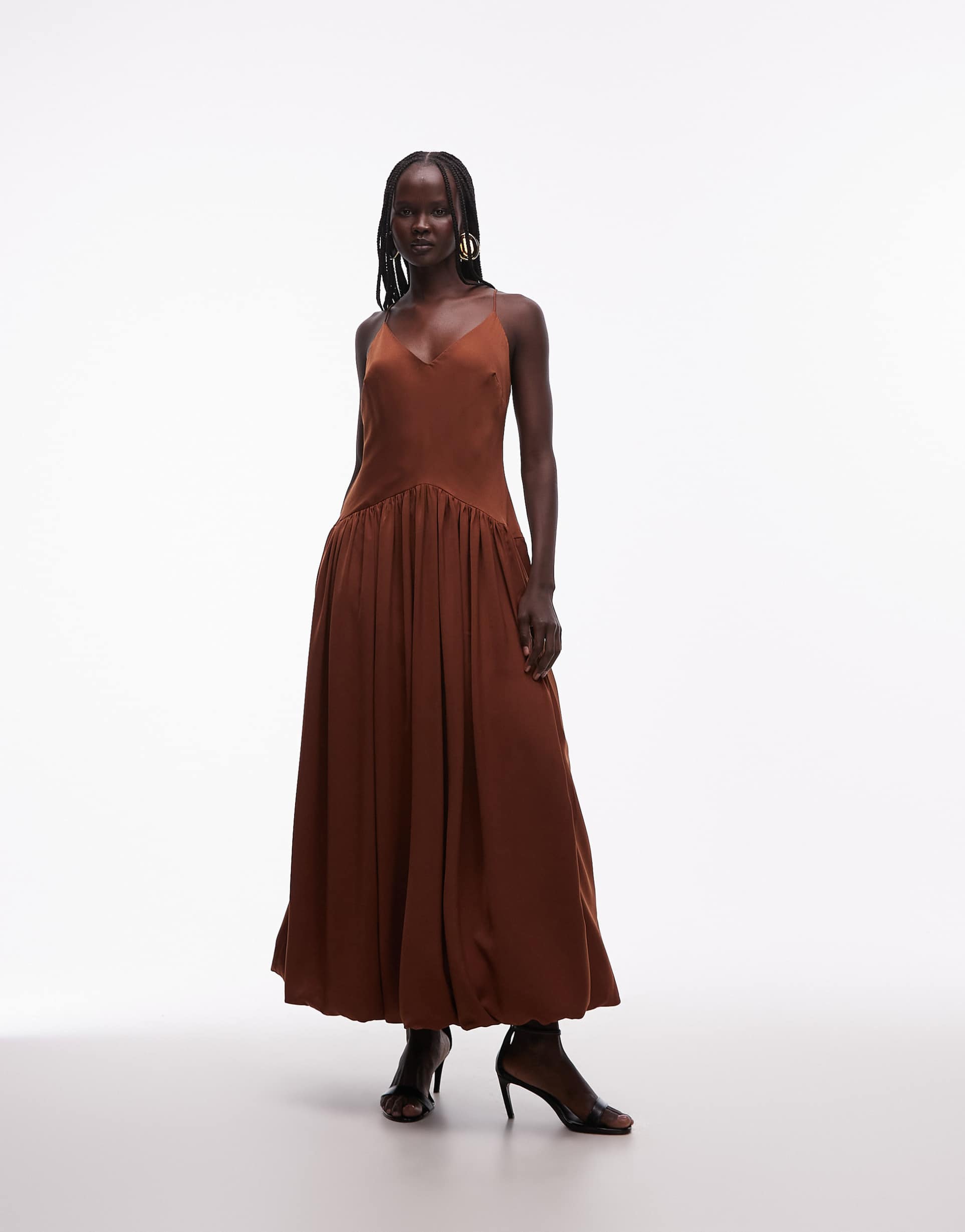 ASOS DESIGN bias cut midaxi dress with bubble skirt in chocolate