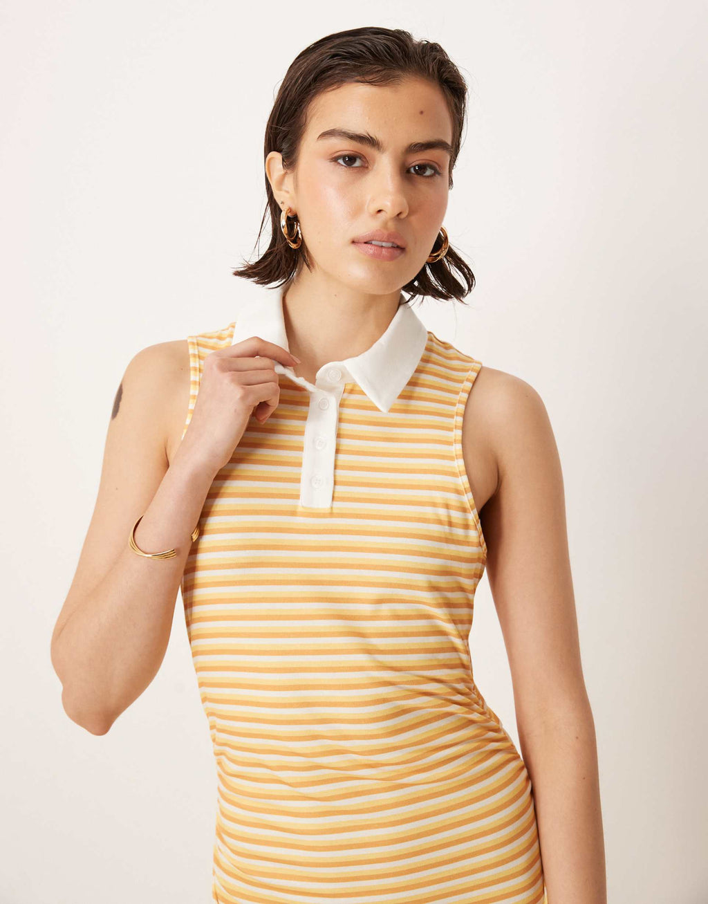 ASOS DESIGN sleeveless polo ruched waist midi dress in yellow stripe