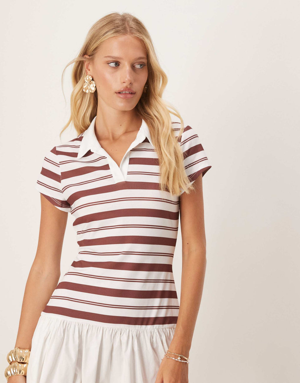 ASOS DESIGN short sleeve polo mini dress with poplin skirt in white and burgundy stripe