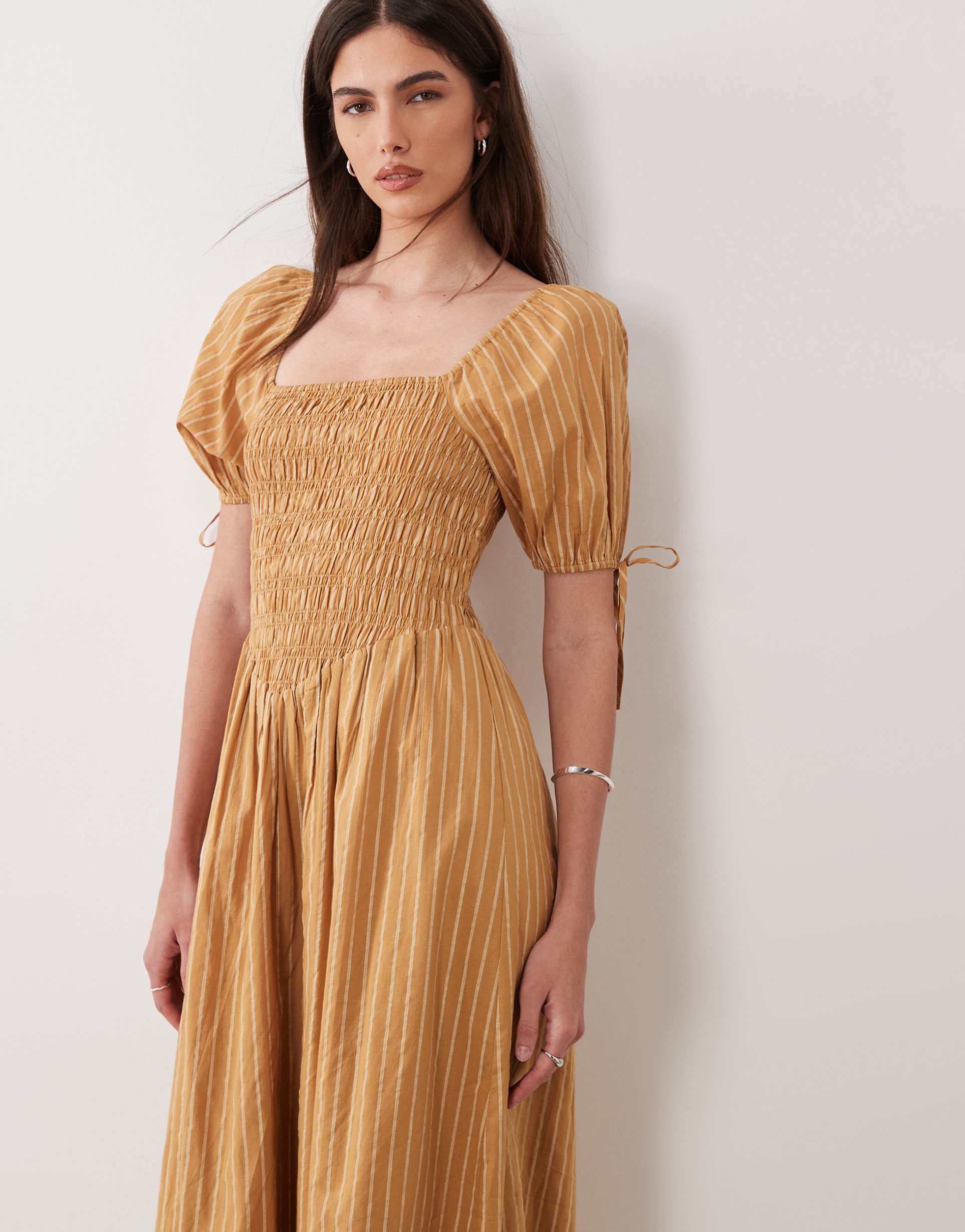 Wednesdays Girl shirred balloon sleeves midaxi dress in chartreuse stripe