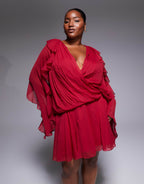 ASOS DESIGN Curve slouchy hip godet mini dress with ruffle sleeve in cherry red