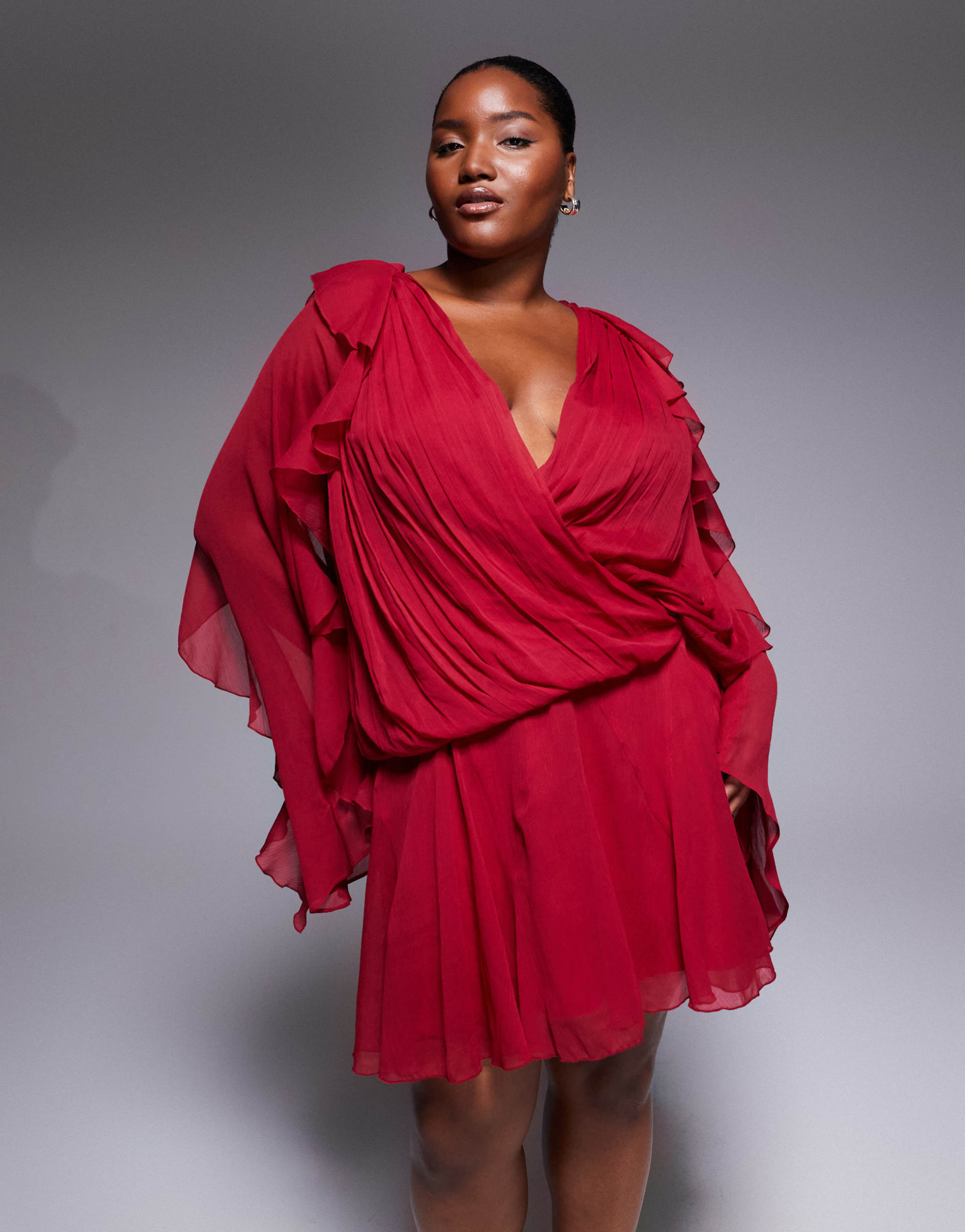ASOS DESIGN Curve slouchy hip godet mini dress with ruffle sleeve in cherry red