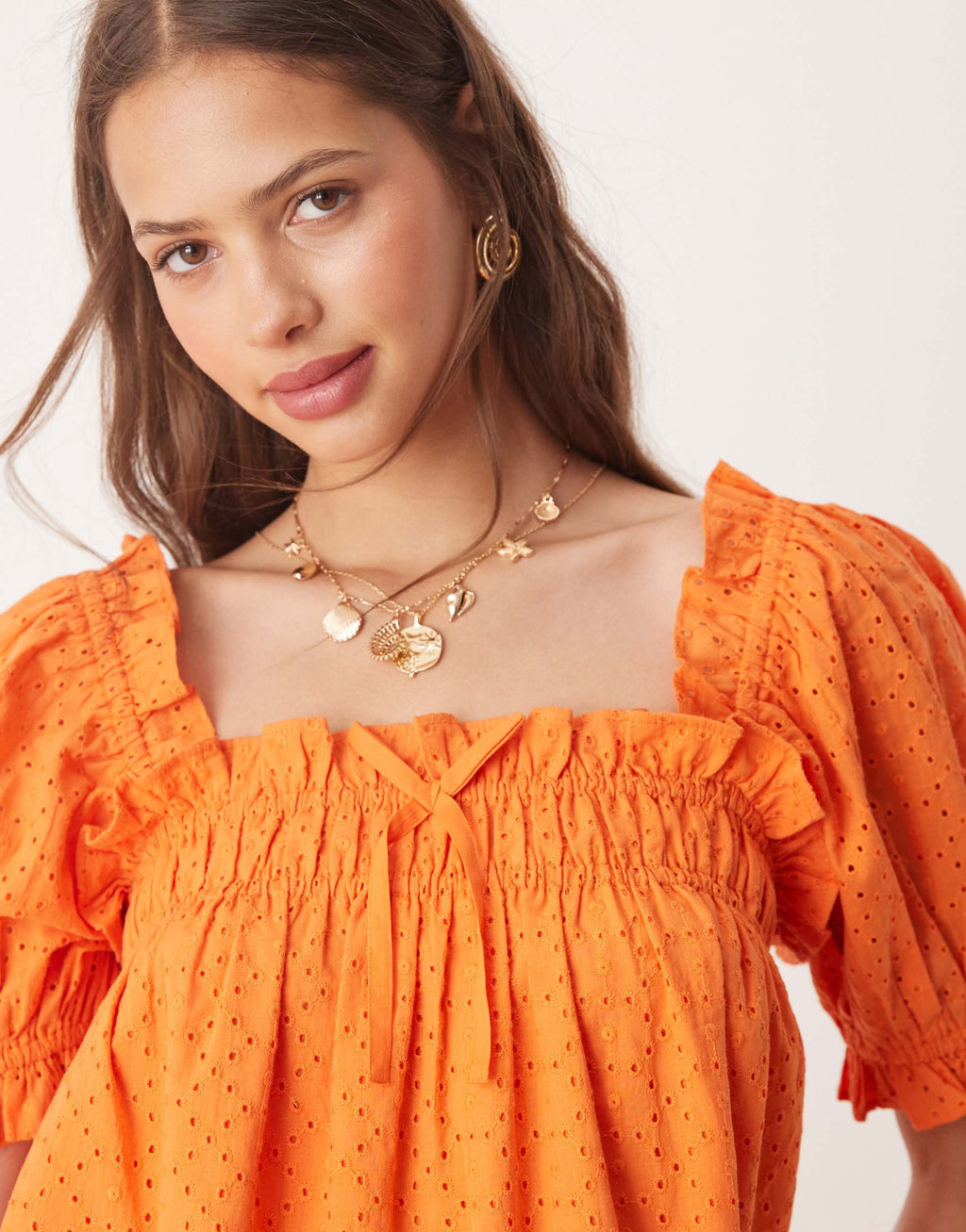 Miss Selfridge broderie smock dress in orange