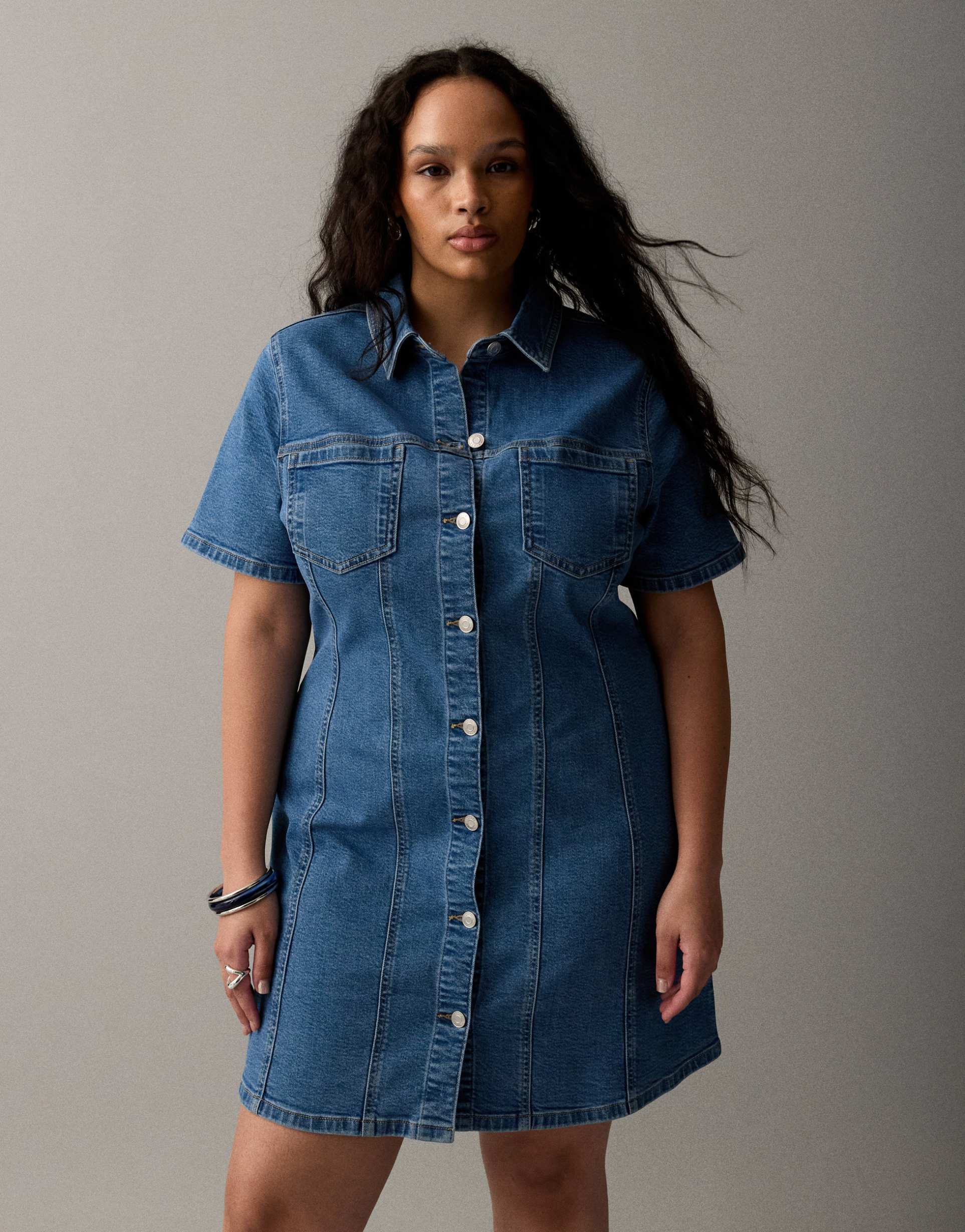 ASOS DESIGN Curve denim fitted shirt mini dress in mid blue