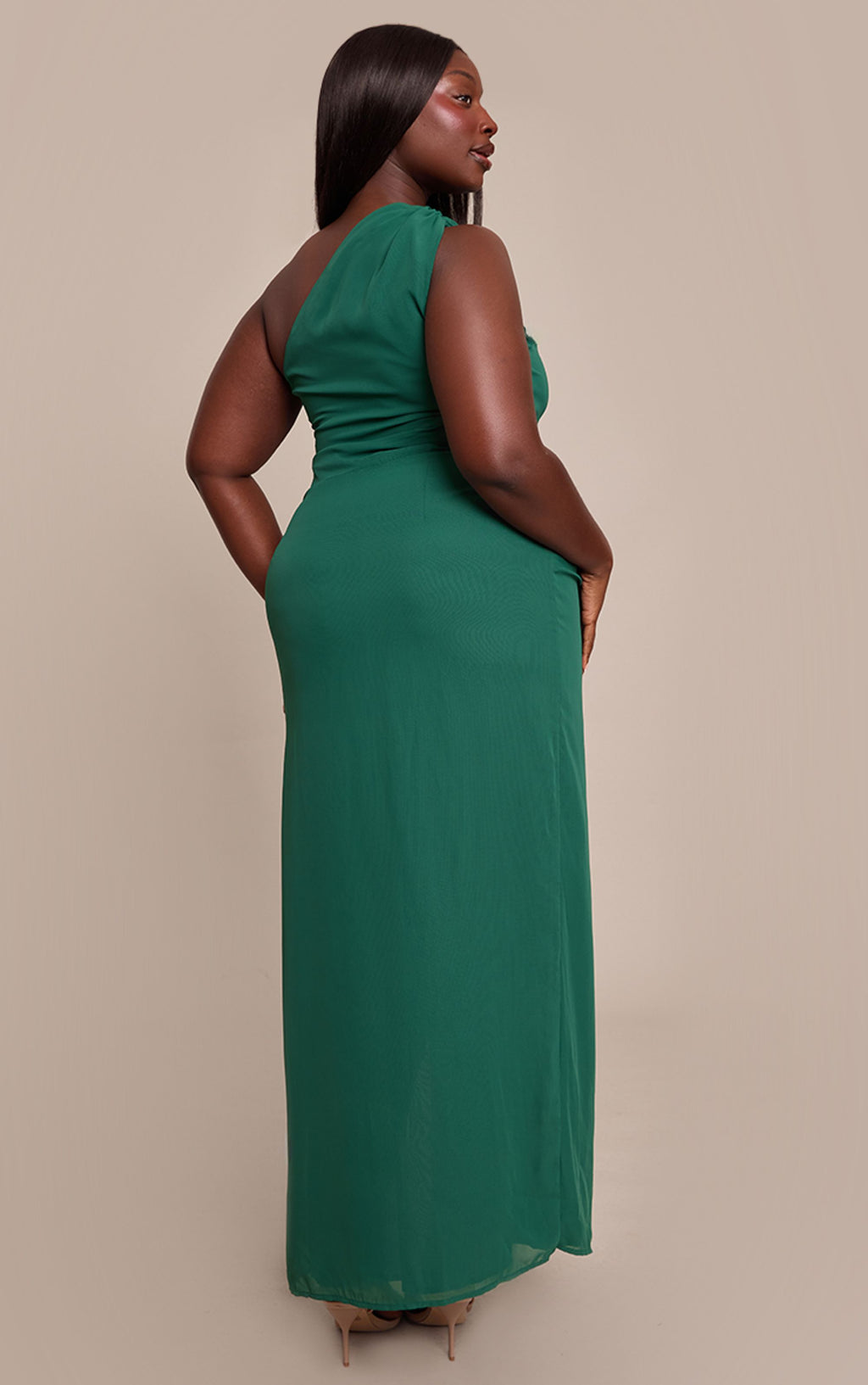 Plus Emerald Green Chiffon One Shoulder Ruched Detail Maxi Dress