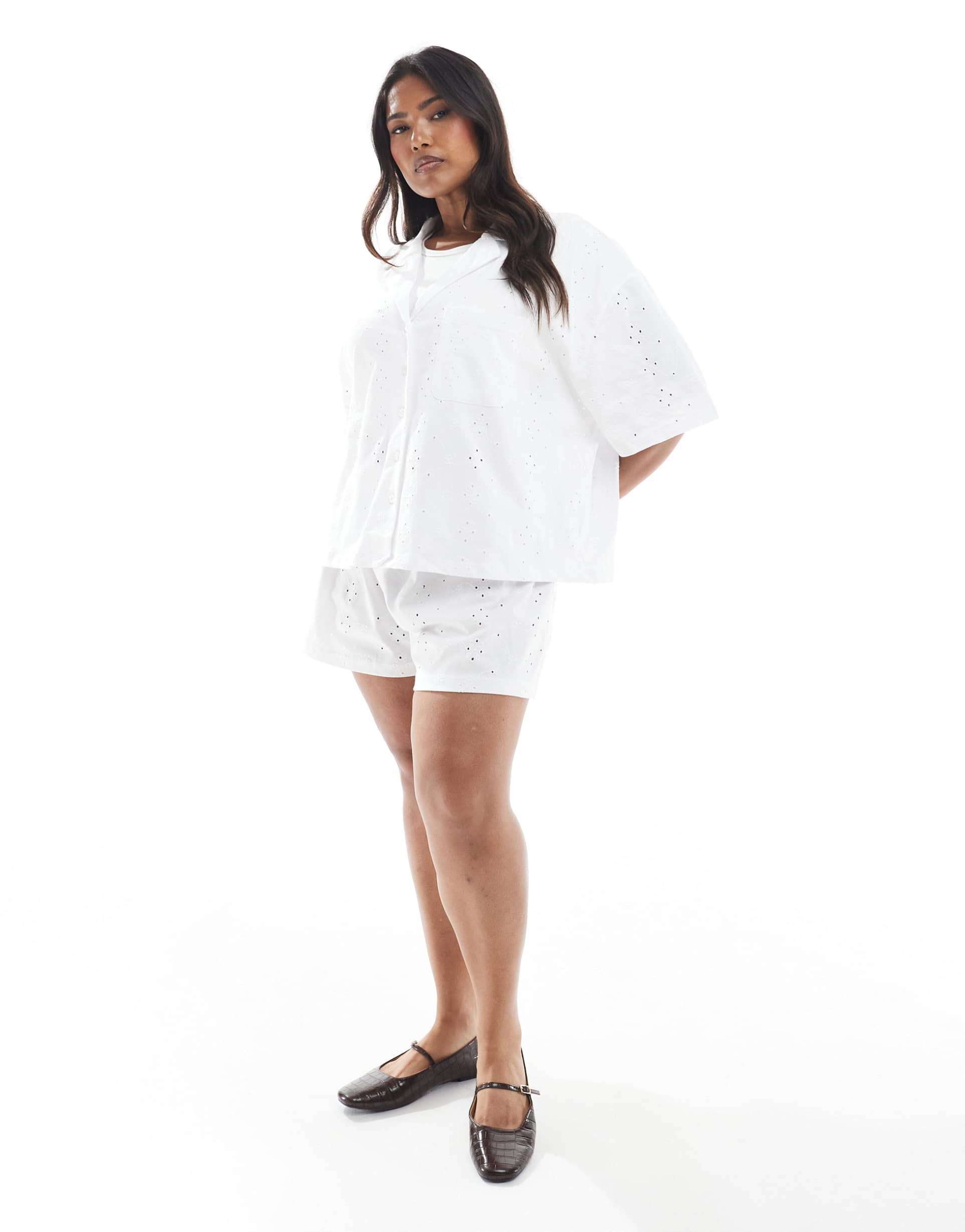 ASOS DESIGN curve broderie resort shirt co-ord in white