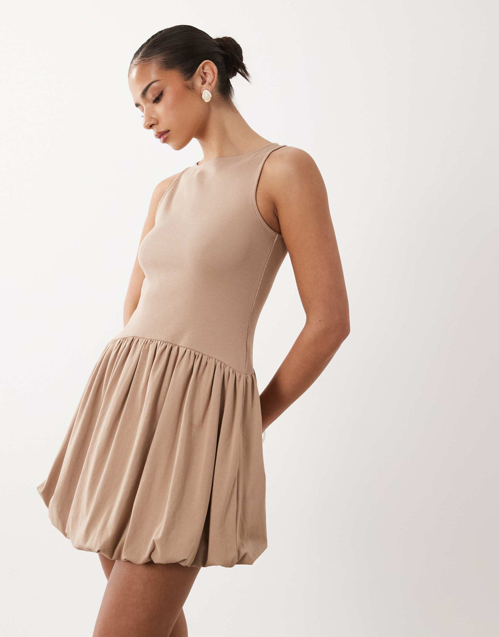 ASOS DESIGN ribbed sleeveless bubble hem mini dress in taupe