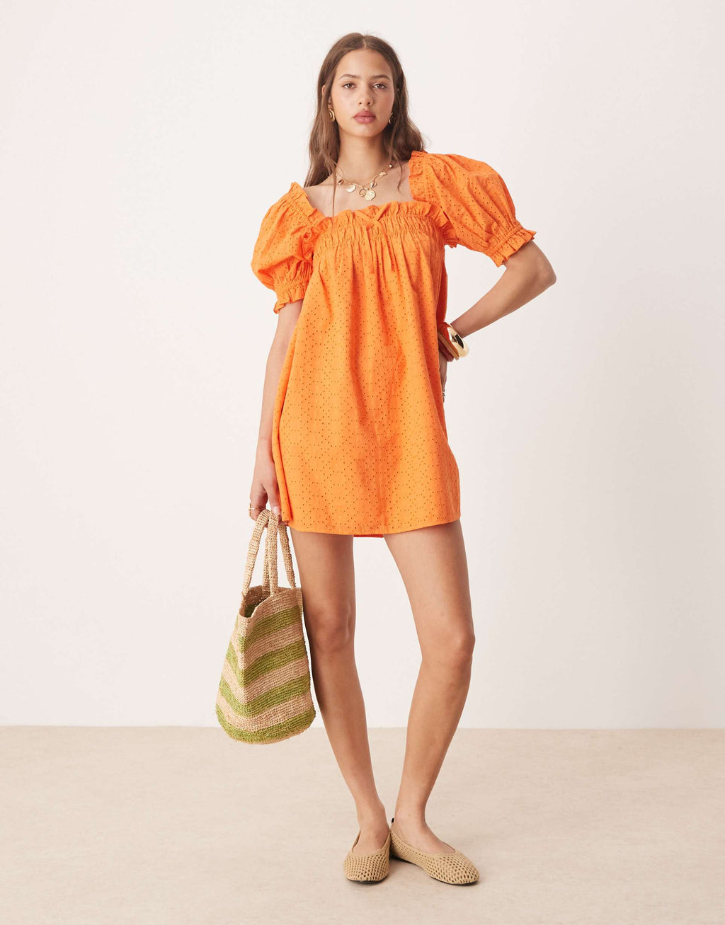 Miss Selfridge broderie smock dress in orange