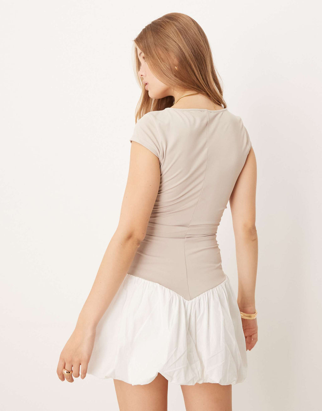 ASOS DESIGN cut out mini dress with poplin skirt in neutral
