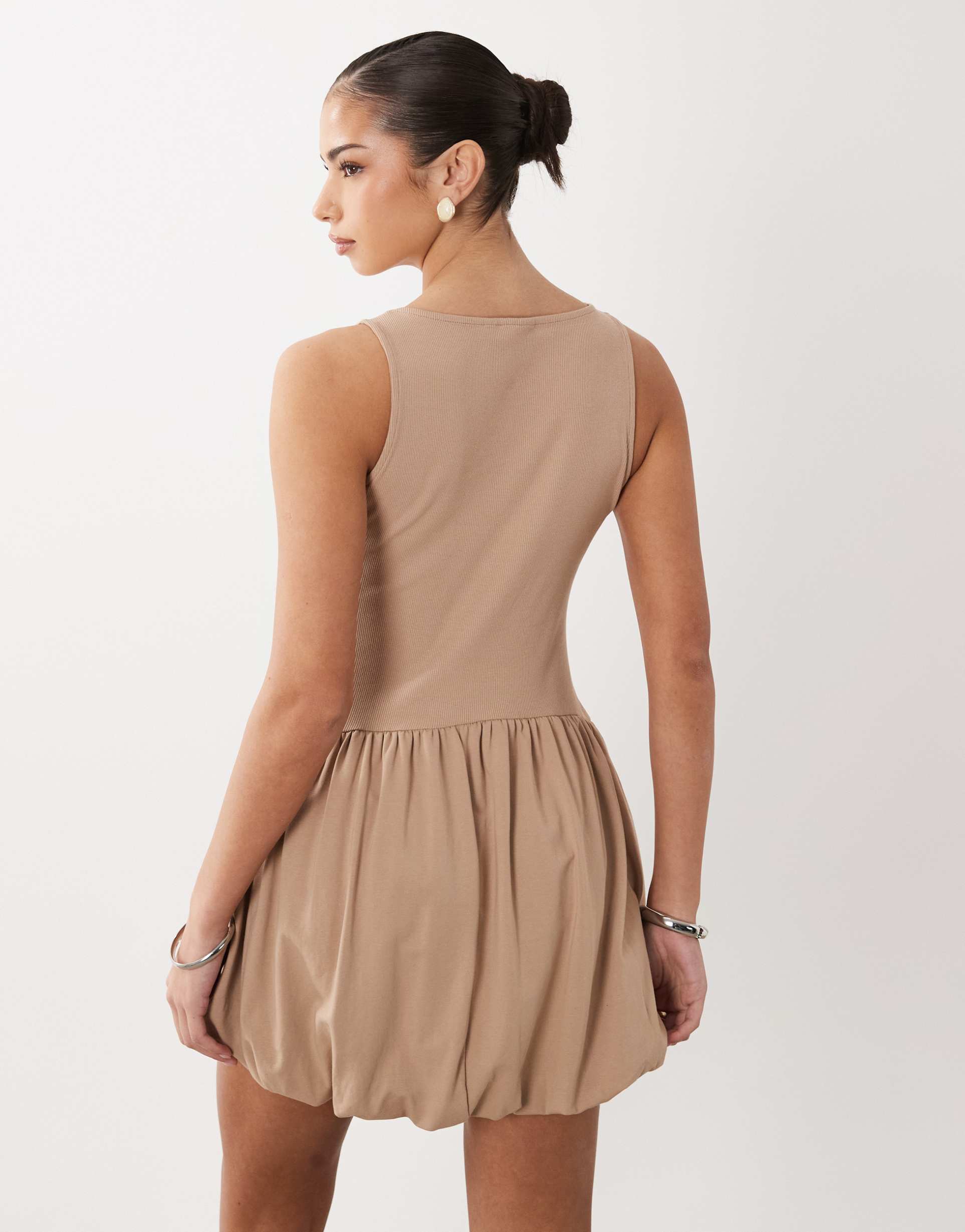 ASOS DESIGN ribbed sleeveless bubble hem mini dress in taupe