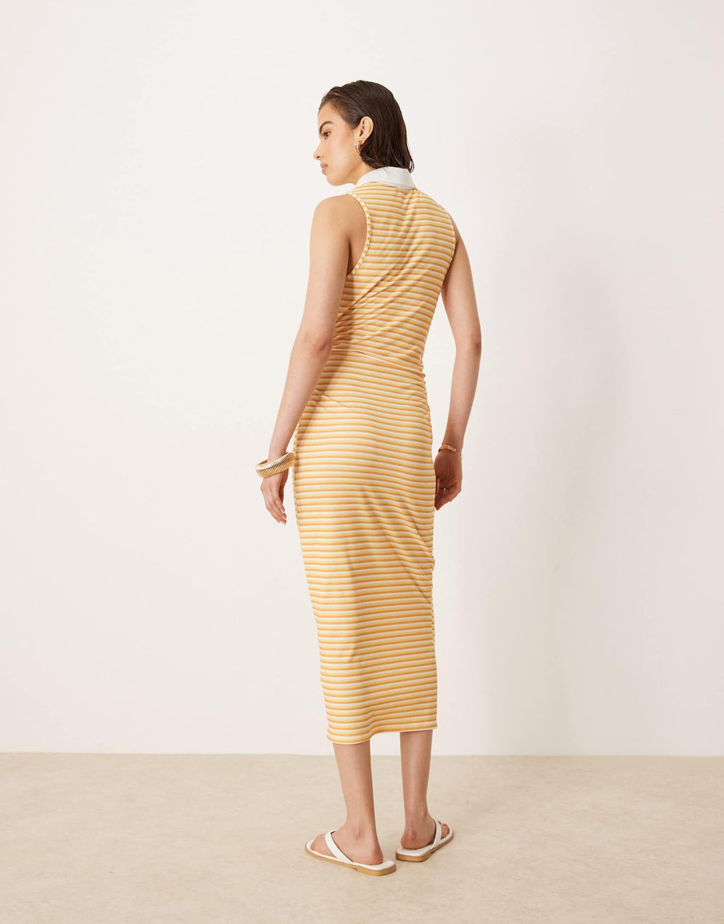ASOS DESIGN sleeveless polo ruched waist midi dress in yellow stripe