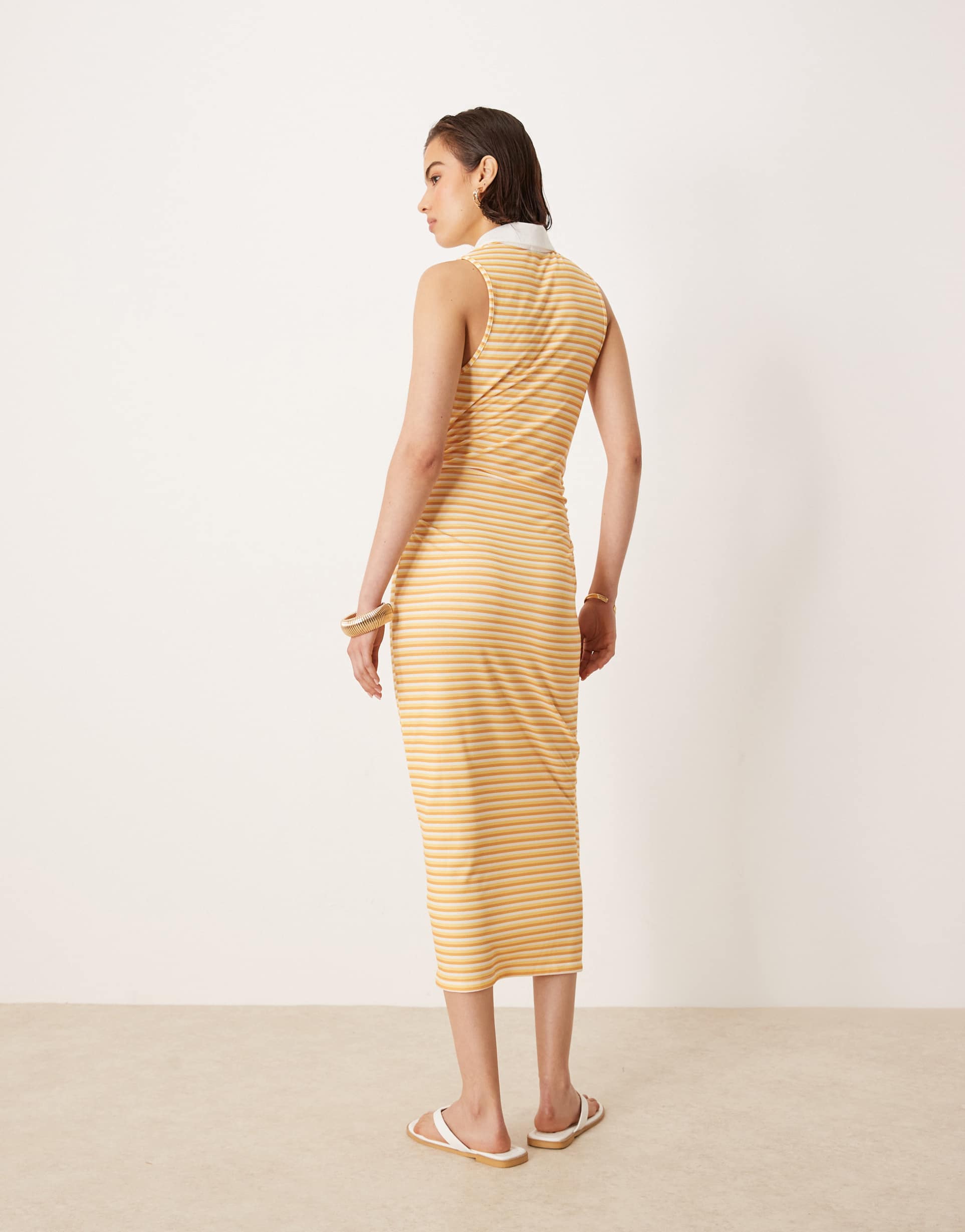 ASOS DESIGN sleeveless polo ruched waist midi dress in yellow stripe
