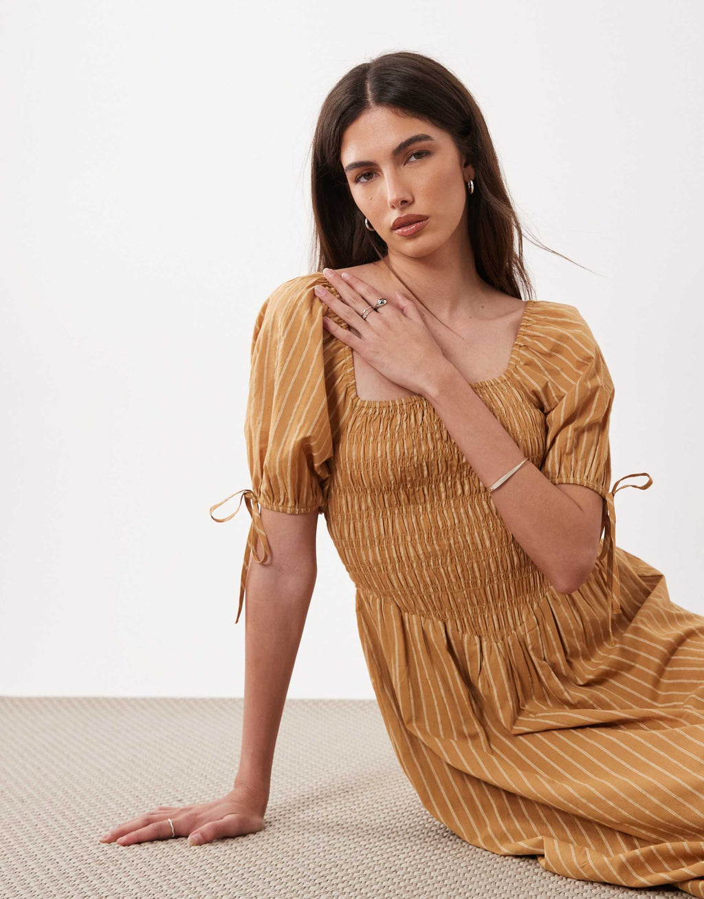 Wednesdays Girl shirred balloon sleeves midaxi dress in chartreuse stripe