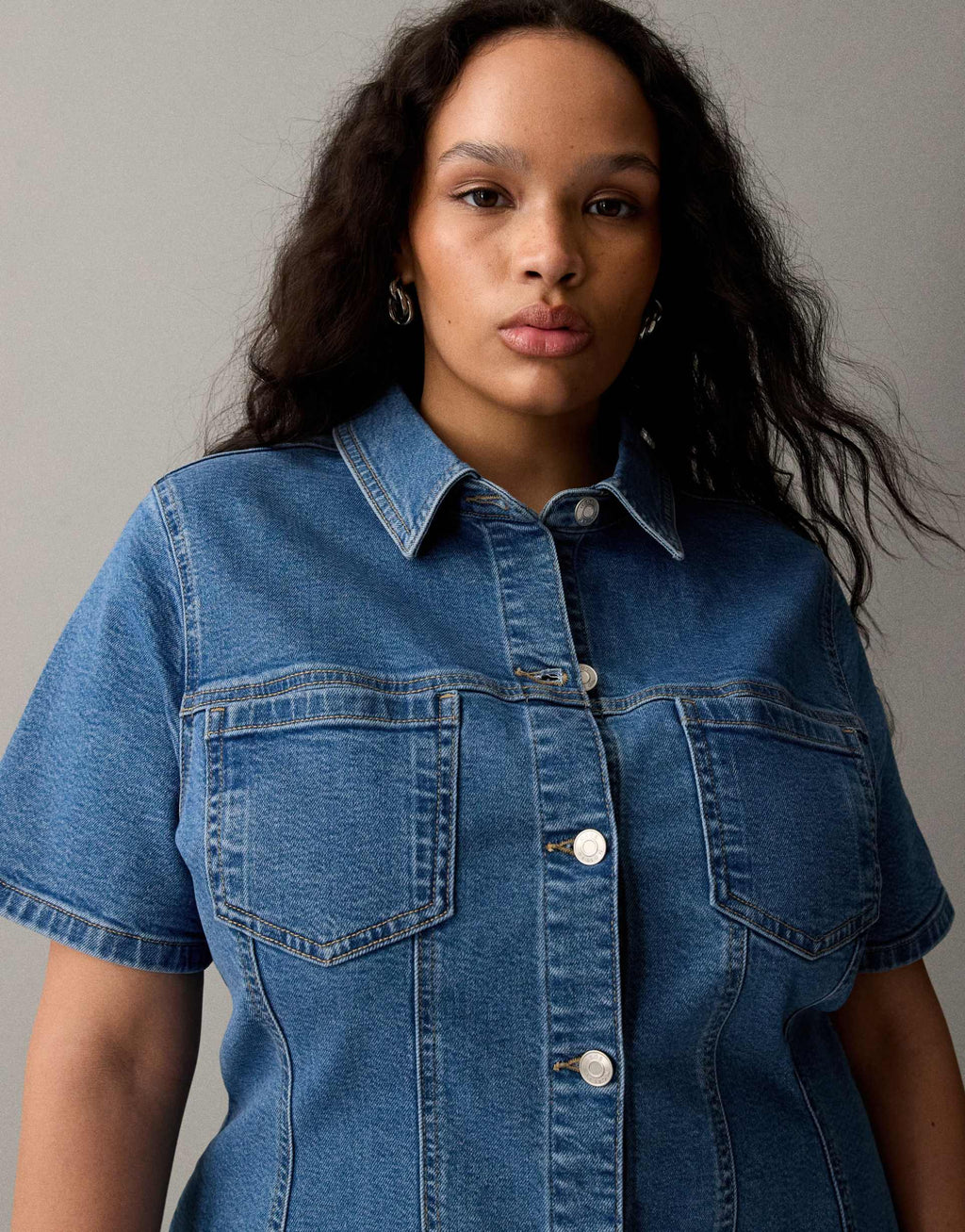 ASOS DESIGN Curve denim fitted shirt mini dress in mid blue