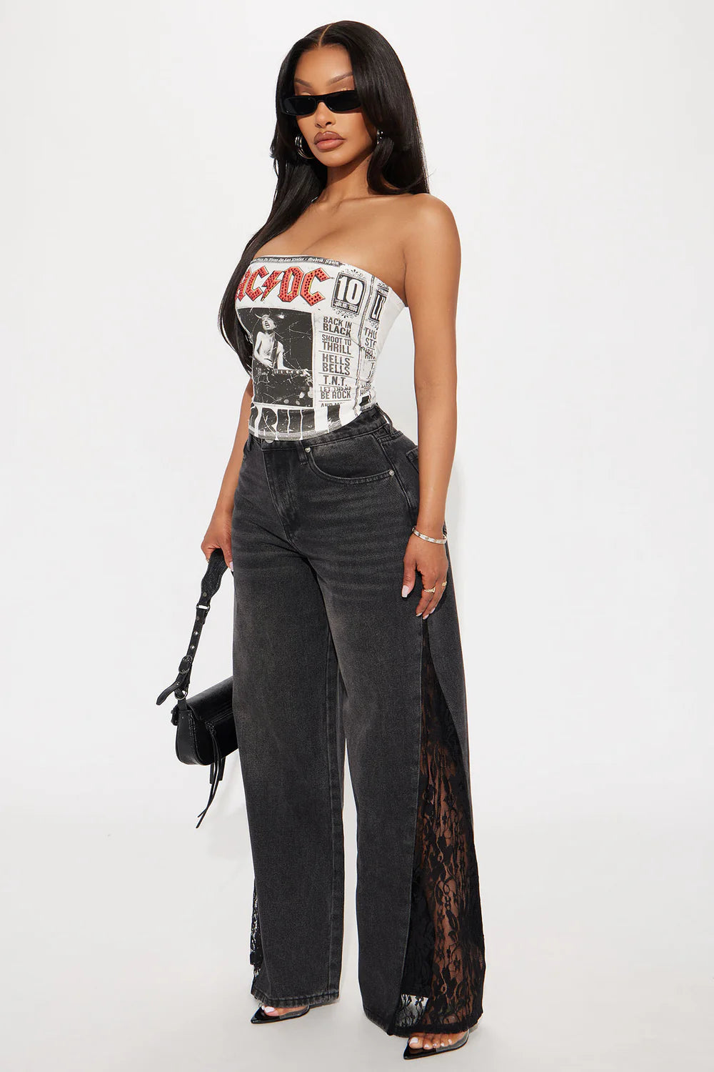 She's So Sweet Lace Trim Wide Leg Jeans - Black Wash