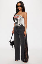 She's So Sweet Lace Trim Wide Leg Jeans - Black Wash