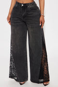 She's So Sweet Lace Trim Wide Leg Jeans - Black Wash