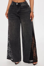 She's So Sweet Lace Trim Wide Leg Jeans - Black Wash
