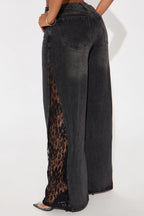 She's So Sweet Lace Trim Wide Leg Jeans - Black Wash