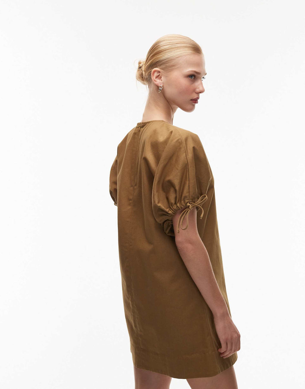 ASOS DESIGN crew neck mini dress with tie sleeve detail in olive