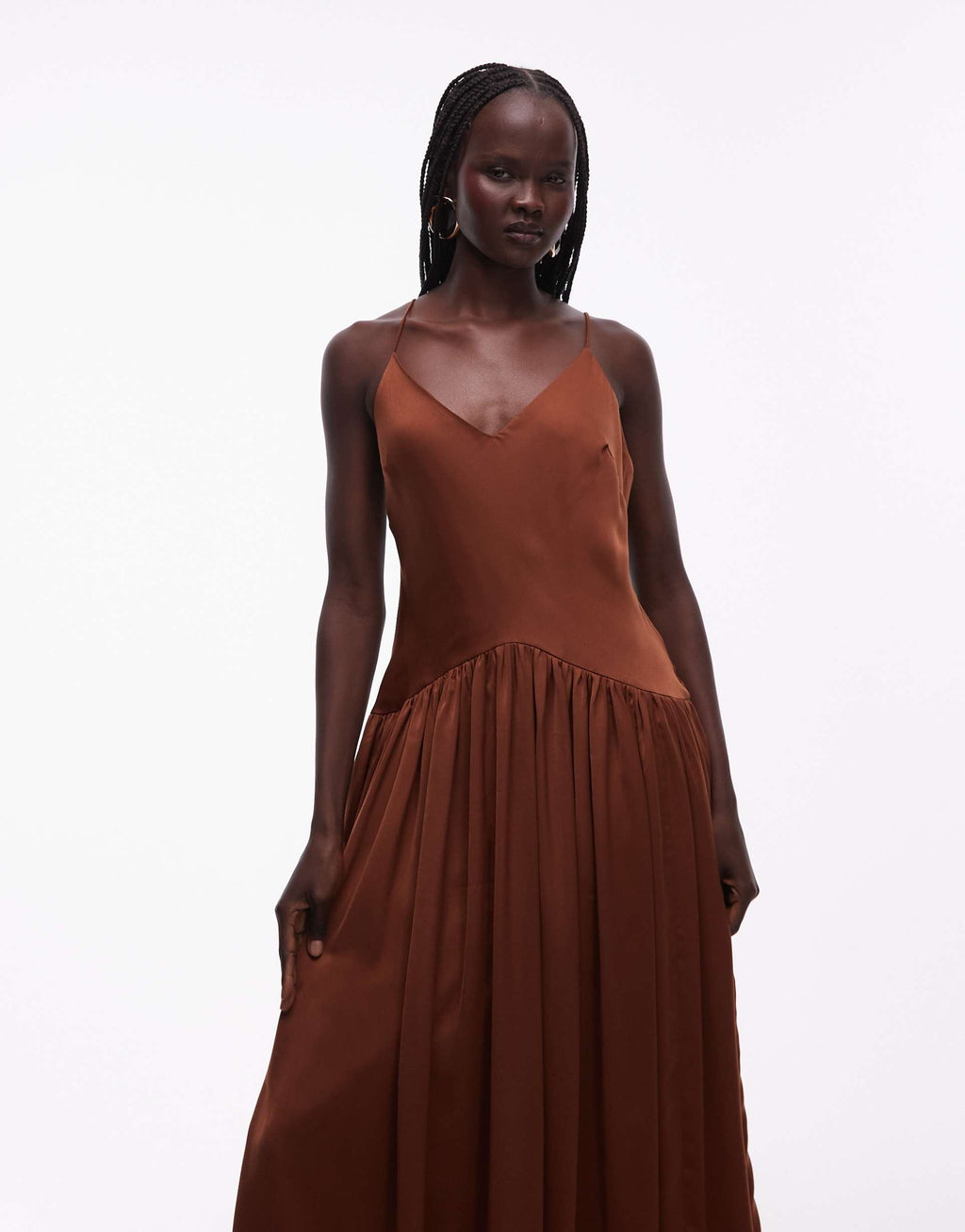 ASOS DESIGN bias cut midaxi dress with bubble skirt in chocolate