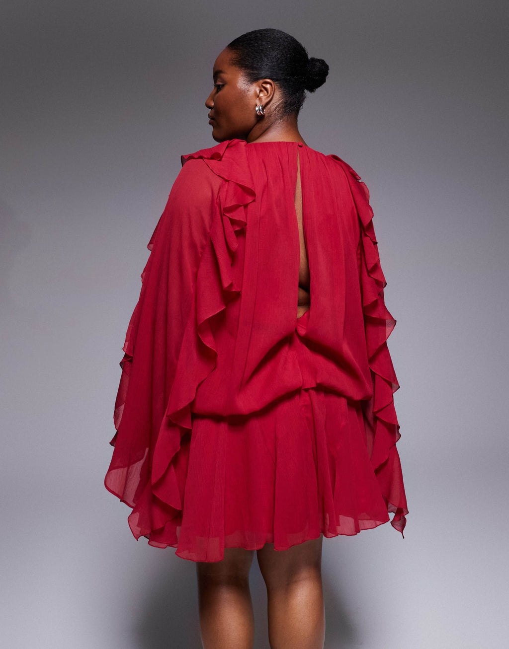 ASOS DESIGN Curve slouchy hip godet mini dress with ruffle sleeve in cherry red