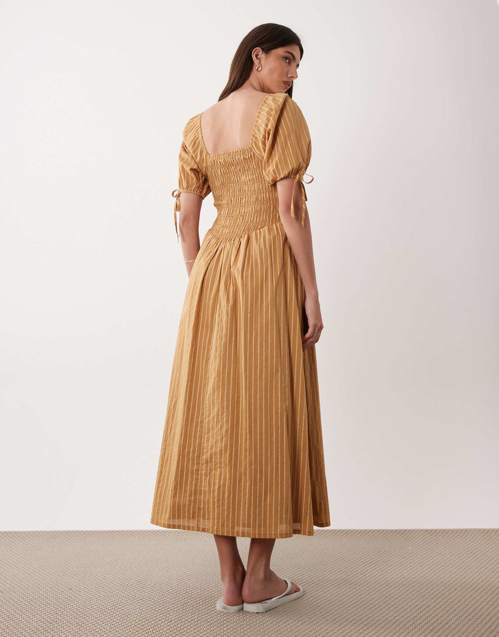 Wednesdays Girl shirred balloon sleeves midaxi dress in chartreuse stripe