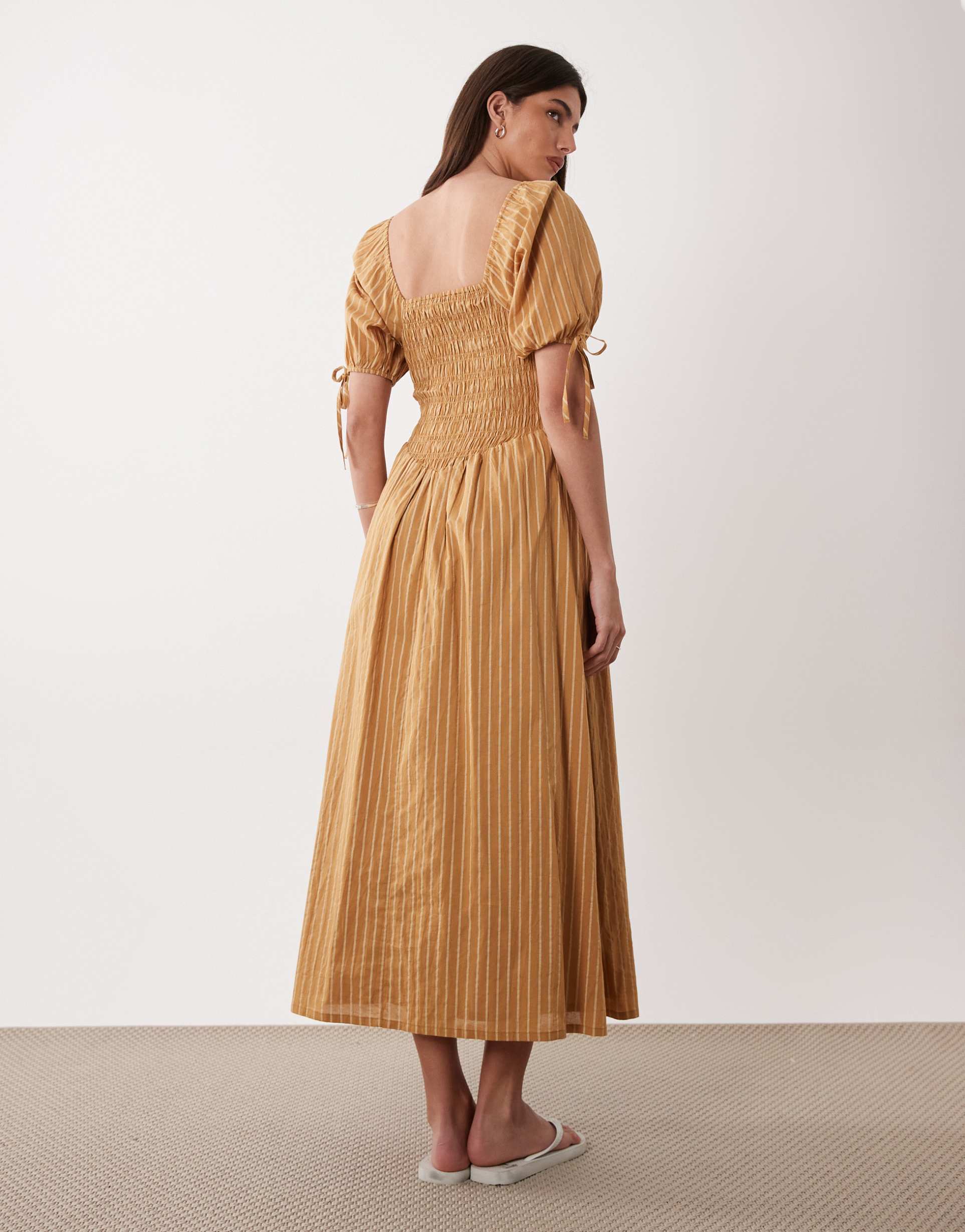 Wednesdays Girl shirred balloon sleeves midaxi dress in chartreuse stripe