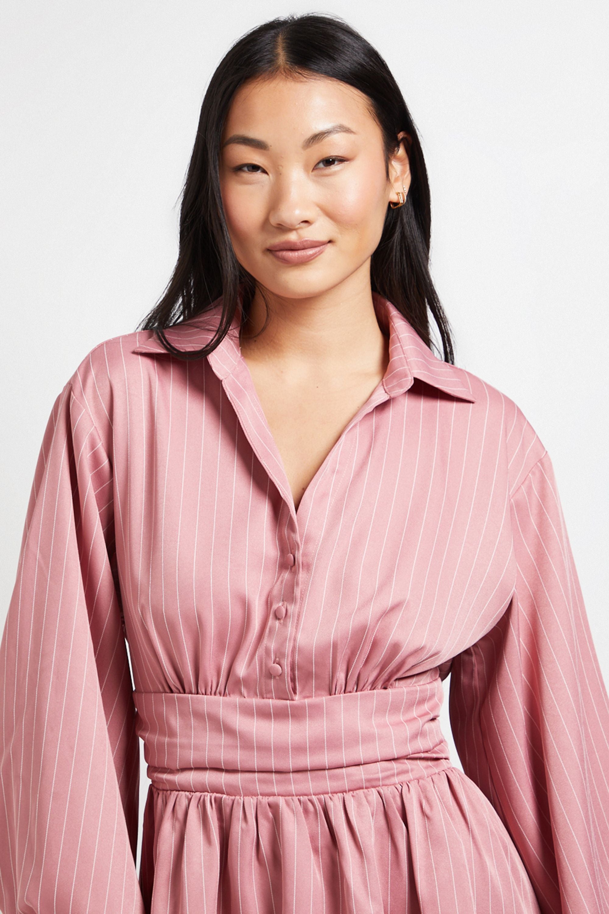 Dorothy Perkins Petite Pinstripe Collar Detail Gathered Waist Mini Dress