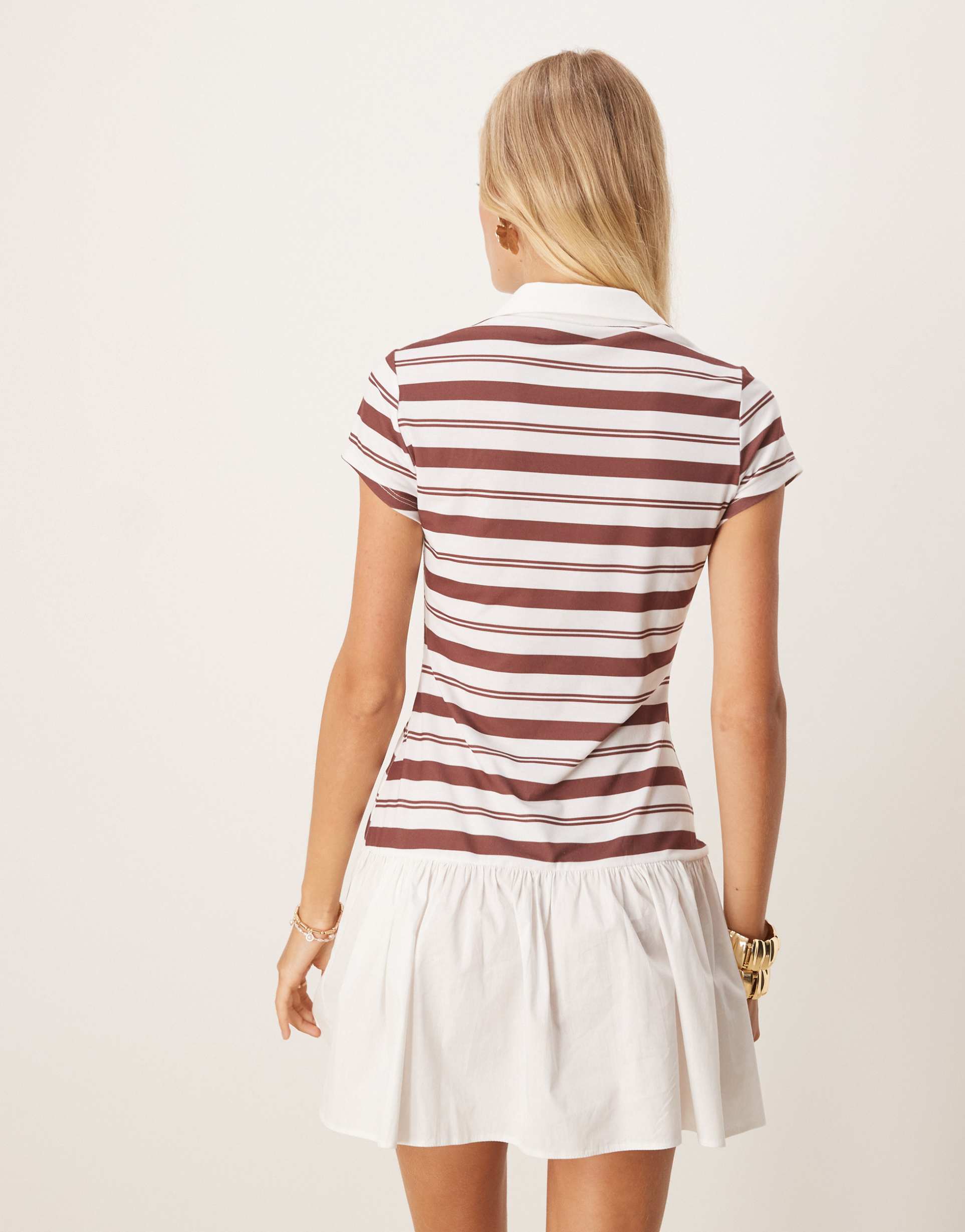 ASOS DESIGN short sleeve polo mini dress with poplin skirt in white and burgundy stripe