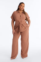 Makela Tie Front Wide Leg Pant Set - Mocha