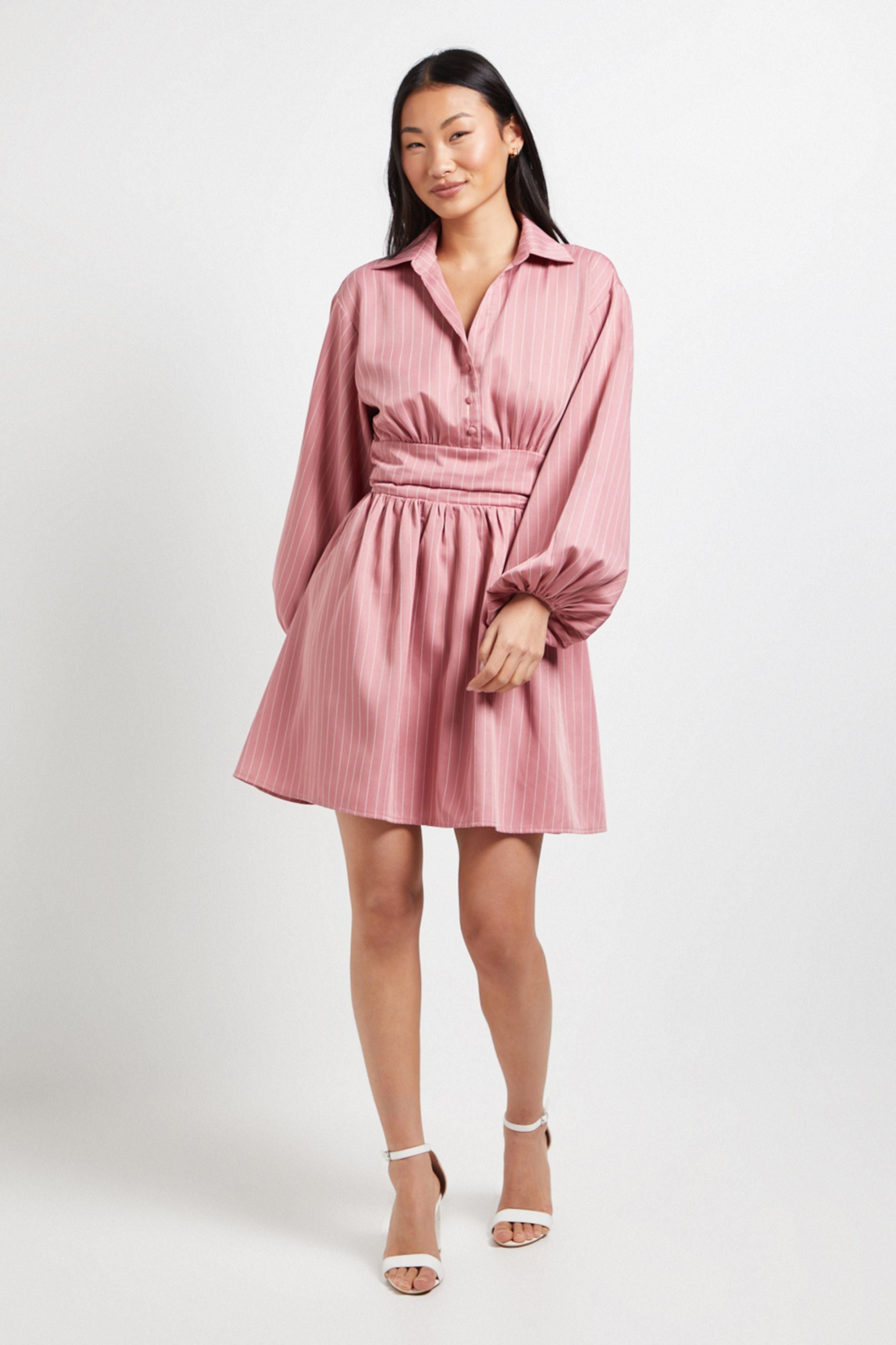 Dorothy Perkins Petite Pinstripe Collar Detail Gathered Waist Mini Dress