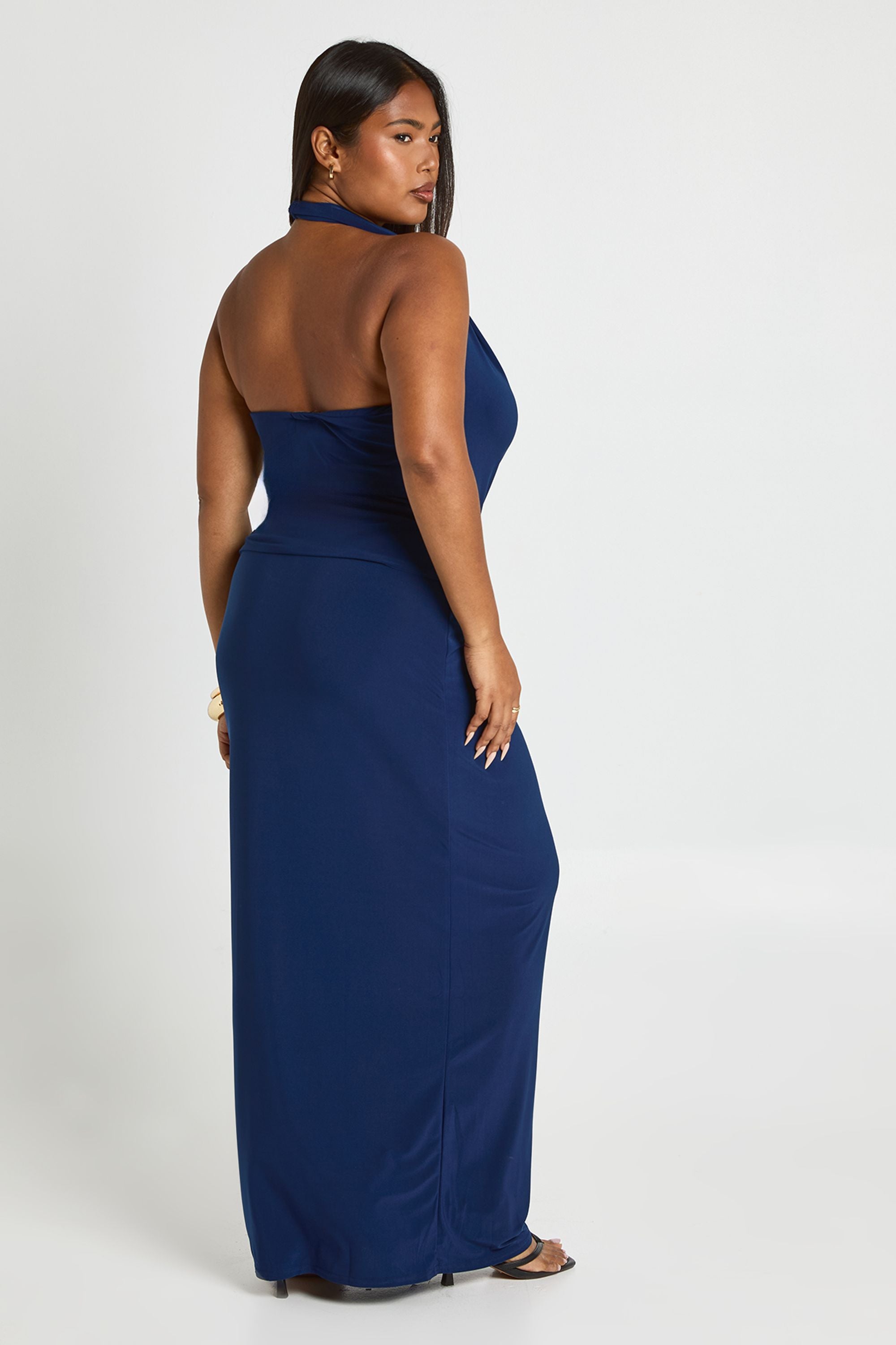 Boohoo Plus Cowl Neck Gold Trim Top & Column Maxi Skirt Co Ord