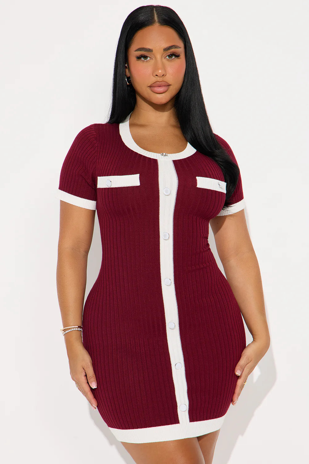 Claire Sweater Short Sleeve Mini Dress - Burgundy