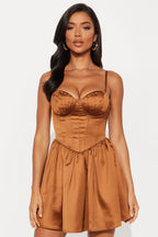 Mila Pleated Satin Mini Dress - Brown
