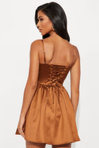 Mila Pleated Satin Mini Dress - Brown
