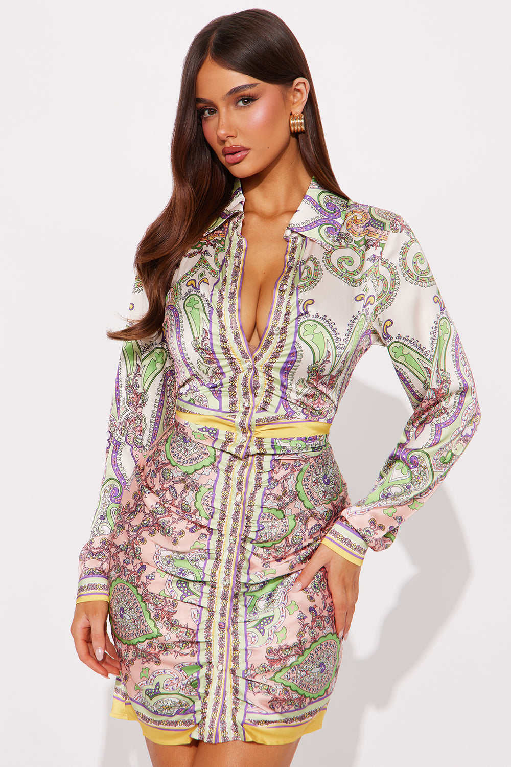 Lexi Long Sleeve Satin Midi Dress - Multi Color