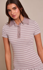 Grey Striped Collar Detail Shift Dress