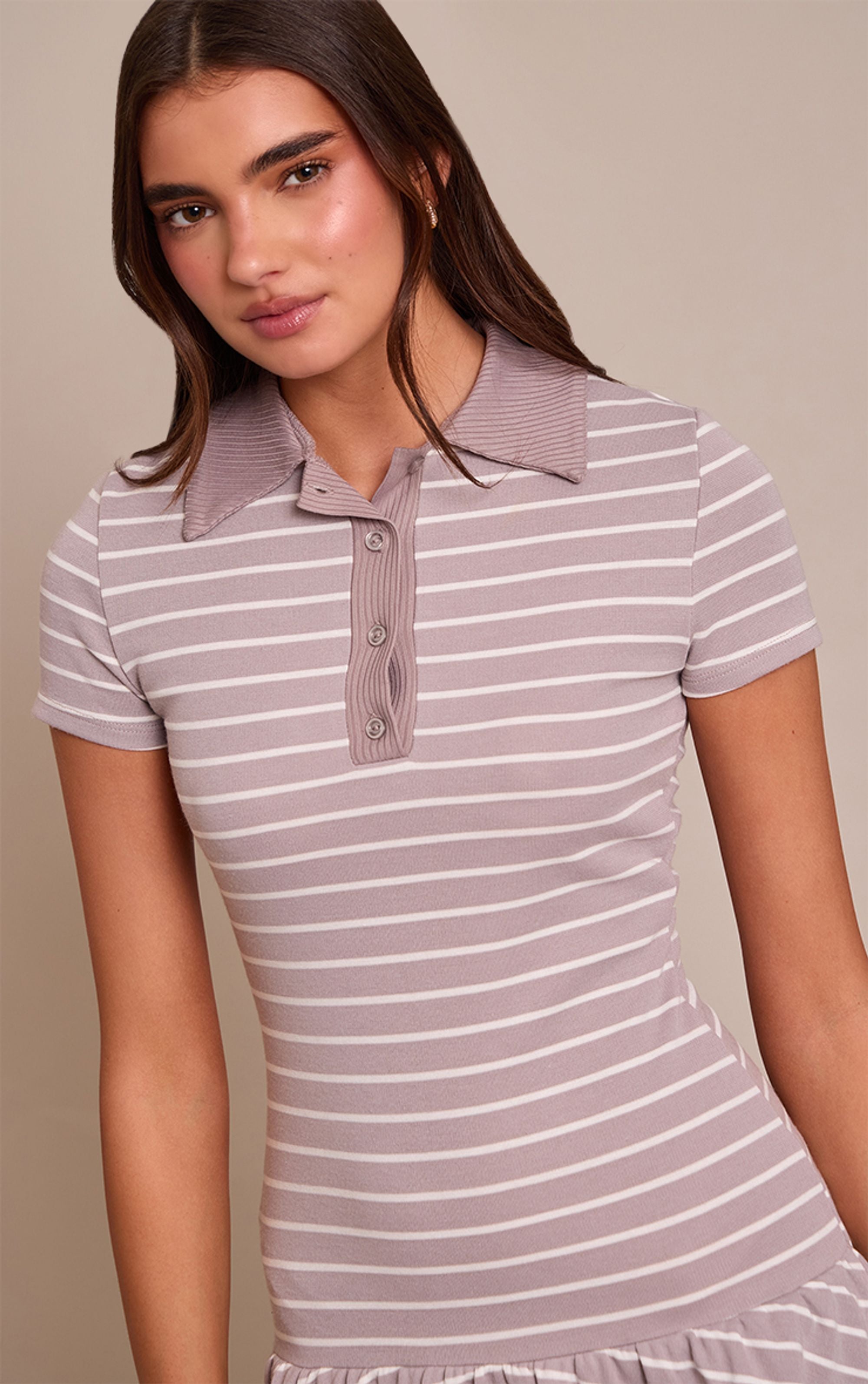 Grey Striped Collar Detail Shift Dress