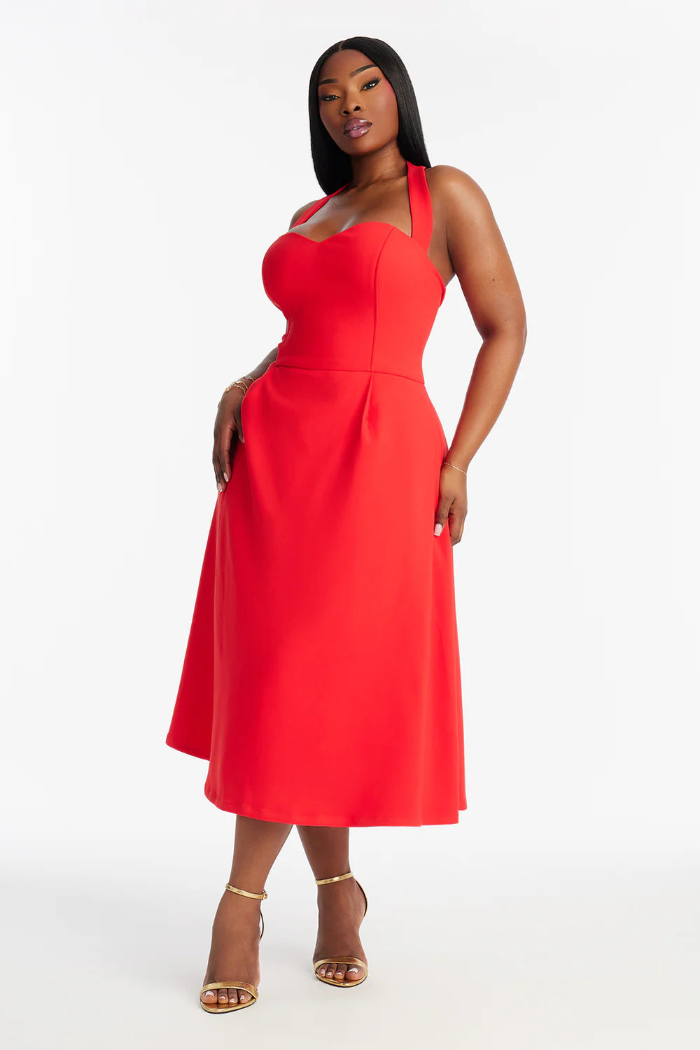 Celine Halter Corset Midi Dress - Red