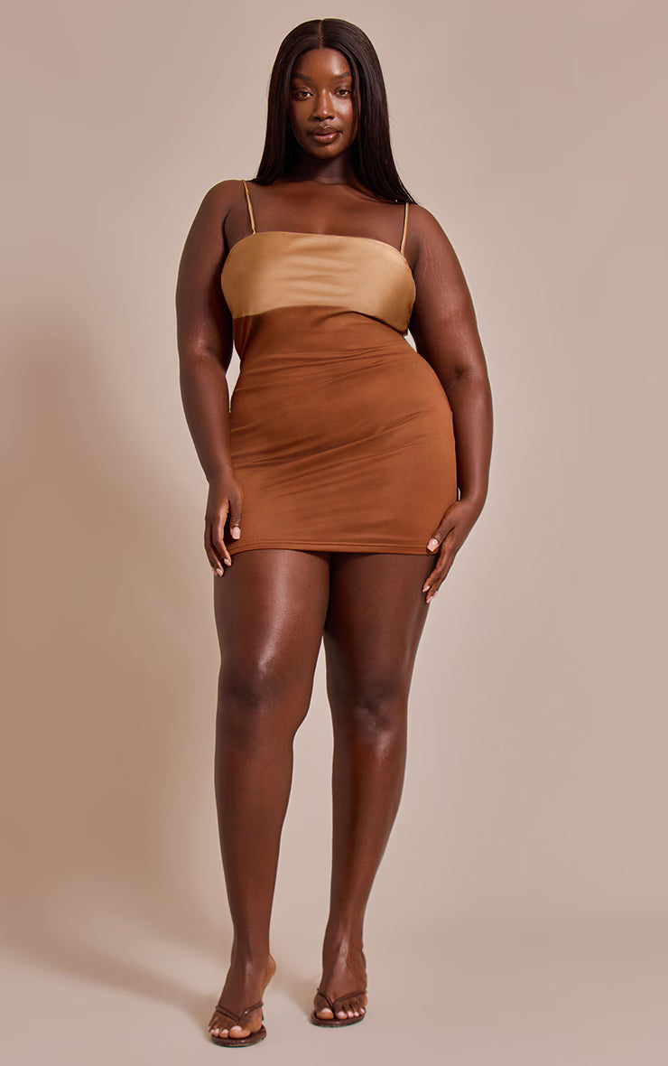 Plus Brown Contrast Bust Panel Strappy Mini Dress