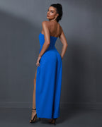 Royal Flush Strapless Draped Slit Maxi JumpSuit - Blue